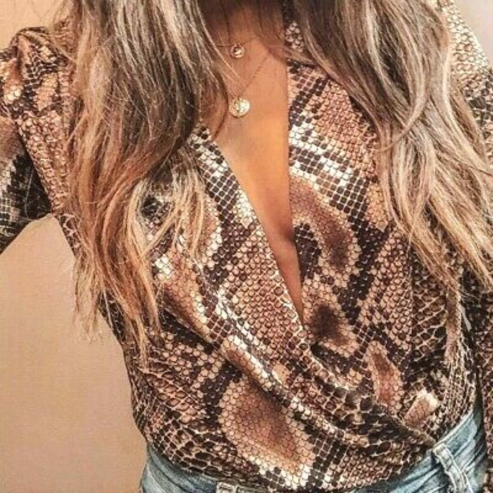 Zara Trafaluc Snakeskin Deep V-Neck Long Sleeve Bodysuit Medium